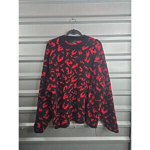 Womens Red Black Leopard Print Sweater Wool Blend Crew Neck Pullover